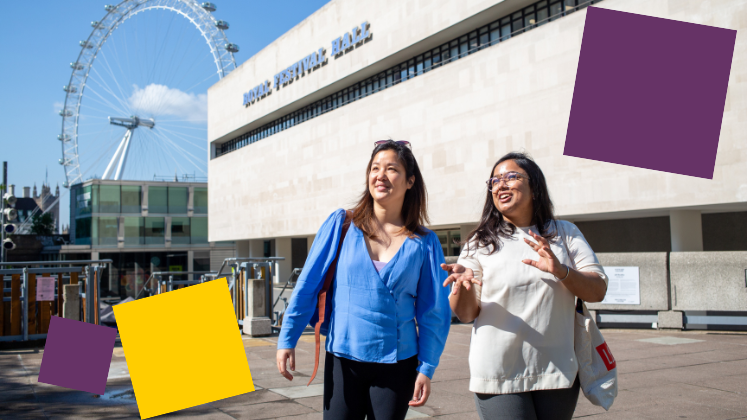 Two women walking in London with graphic squares surrounding them
